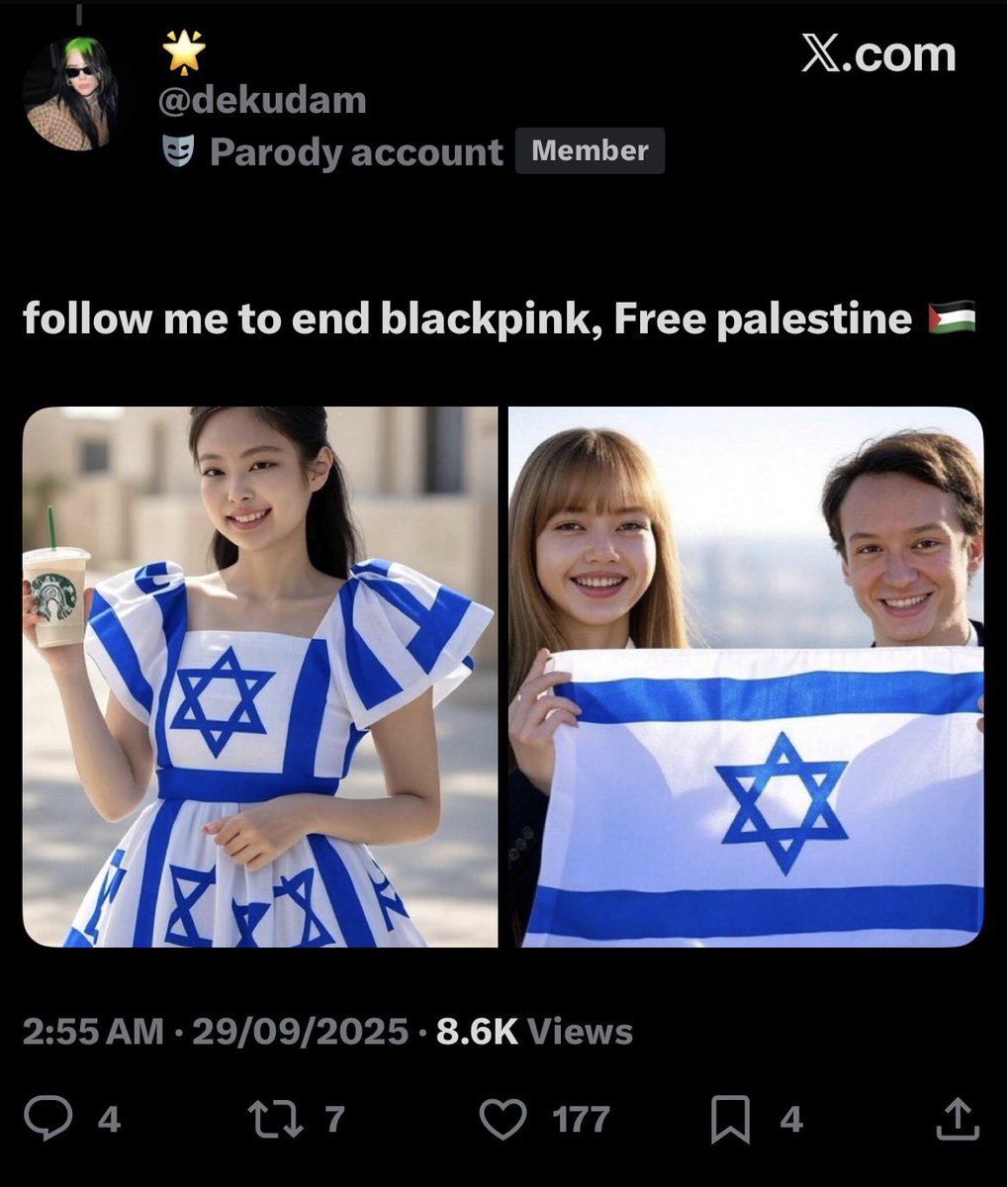 baejeanies's tweet photo. the concept of saying free palestine while making fake ai edits of two women in israeli flags drinking starbucks when your fav was promoting starbucks and coke last month...
people are losing their lives and yall making fun of it have some shame https://t.co/s802CuC9w3