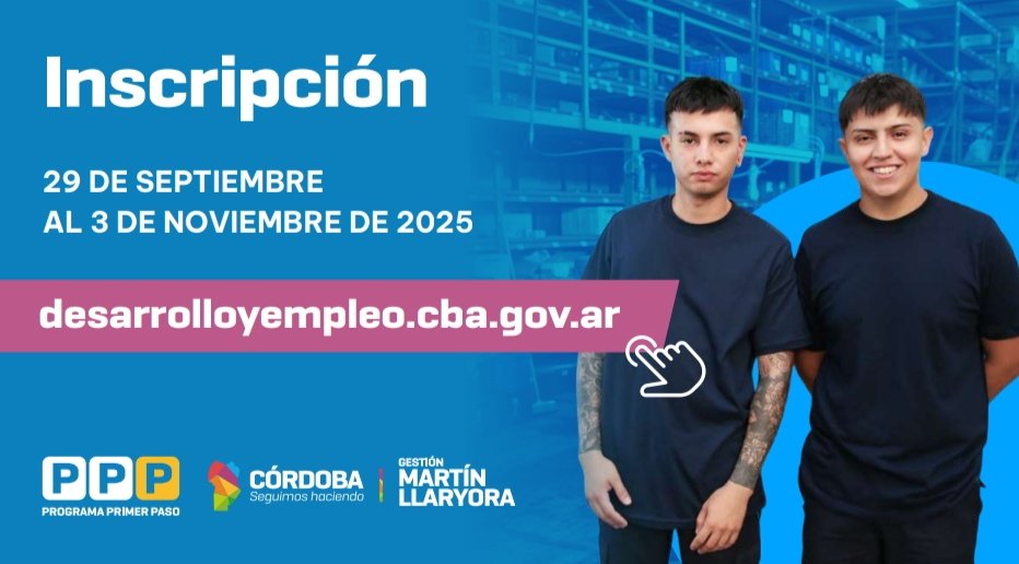 gobdecordoba's tweet photo. #PPP 👉 Programa Primer Paso: 15.000 jóvenes podrán acceder a su primer trabajo. 💪

👍 El gobernador @MartinLlaryora encabezó el lanzamiento de una nueva edición de este programa que dio oportunidades laborales a más de 200 mil jóvenes. 

👐 Está destinado a generar oportunidades de empleo para jóvenes de 16 a 25 años que se encuentren desempleados.

✅️ Las inscripciones están abiertas y se extenderán hasta el próximo 3 de noviembre  en https://t.co/5ZYf458jFh 

#SeguimosHaciendo #CórdobaNoPara
