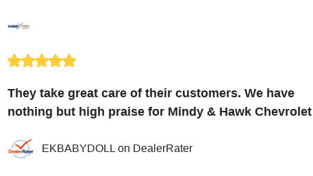 HawkChevyJoliet's tweet image. We just received a great review on DealerRater. Thank you EKBABYDOLL!