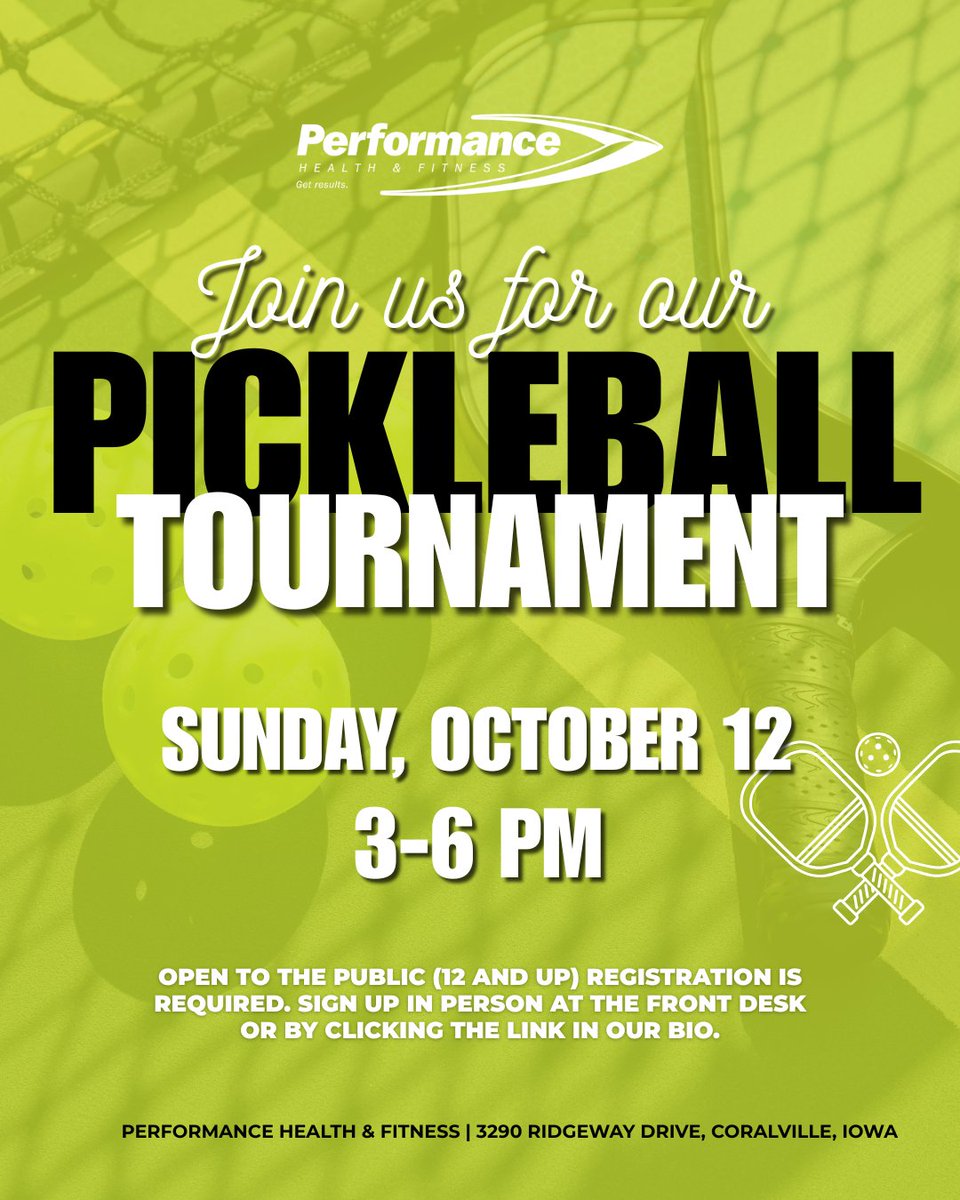 Free pickleball tournament on Sunday, October 12th from 3-6 pm at Performance Health and Fitness! Tickets are required > eventbrite.com/e/pickleball-t…