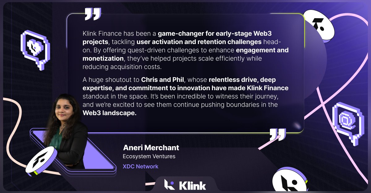 Klink Finance (@klinkfinance) on Twitter photo "A huge shoutout to <a href="/ChrisjamesIRL/">Chris James | Klink Finance</a> and <a href="/philklink/">Phil | Klink Finance</a>, whose relentless drive, deep expertise, and commitment to innovation have made Klink Finance stand out in the space." quotes <a href="/SimplyAneri/">Aneri Merchant</a> from XDC Network
Grateful for the recognition and excited to keep building ✨ "A huge shoutout to <a href="/ChrisjamesIRL/">Chris James | Klink Finance</a> and <a href="/philklink/">Phil | Klink Finance</a>, whose relentless drive, deep expertise, and commitment to innovation have made Klink Finance stand out in the space." quotes <a href="/SimplyAneri/">Aneri Merchant</a> from XDC Network
Grateful for the recognition and excited to keep building ✨