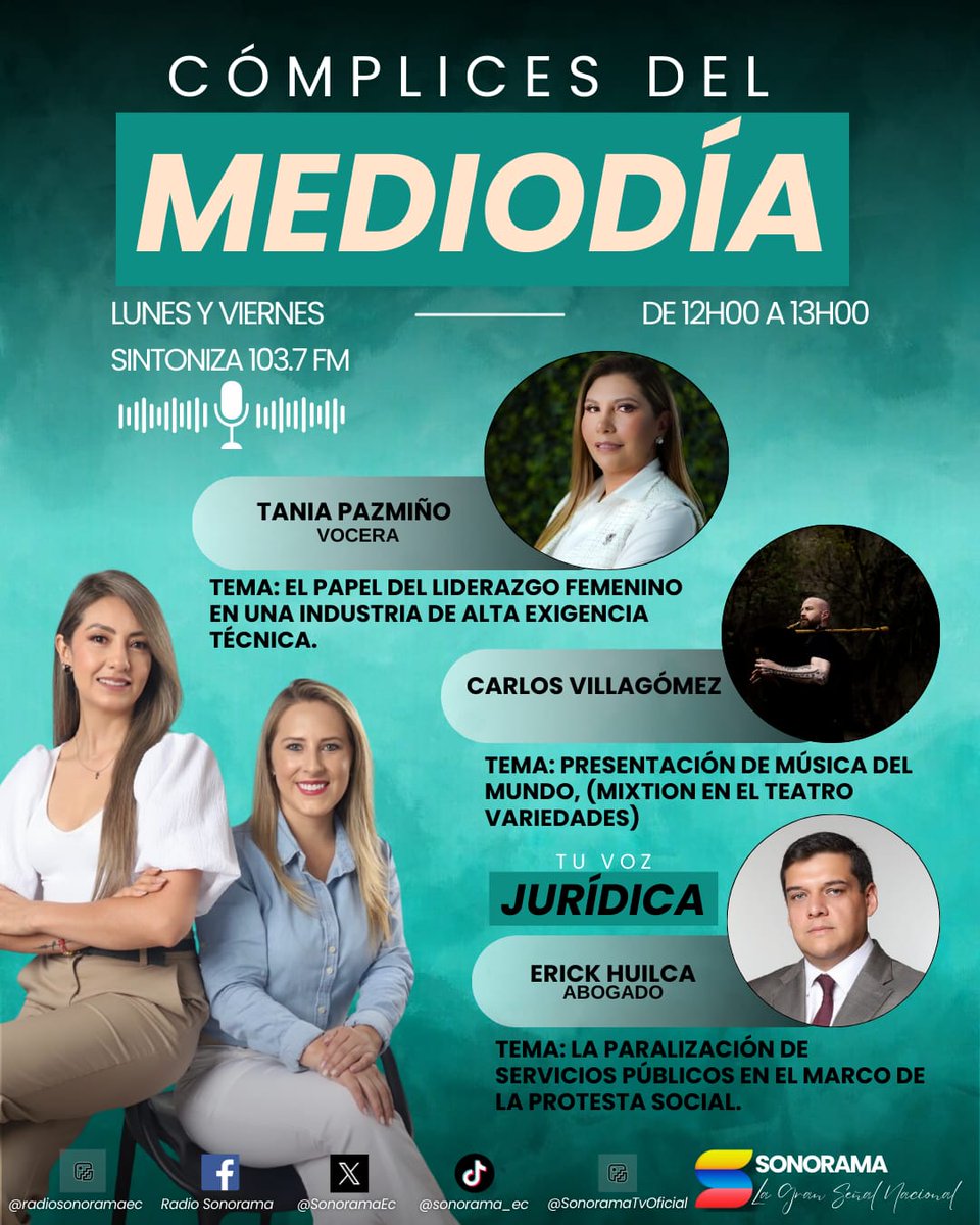 🎙Agenda de #CómplicesDelMediodía | Lunes, 29 de septiembre de 2025

🕛 Acompáñanos de 12h00 a 13h00 por #RadioSonorama 📻💬
Con <a href="/CarlaCevallosR/">Carla Cevallos Oficial</a> y Tati Martínez 🎧

En el programa:

▶ Tania Pazmiño
Vocera

▶ Carlos Villagómez 

▶Lorenzo Salinas
Vocero del Deportivo Quito

Tu
