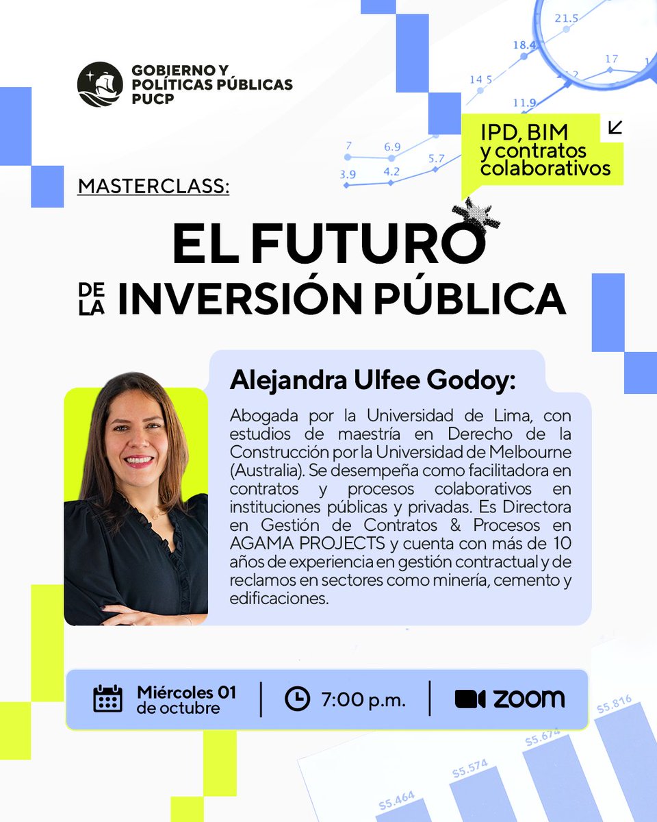 🚀 Masterclass PUCP | El futuro de la inversión pública
IPD, BIM y contratos colaborativos con Alejandra Ulfee Godoy.
🗓 01/10 | ⏰ 7:00 p.m. | 📍 Zoom
🔗 Inscríbete: bit.ly/4hpHrQU
#PUCP #InversiónPública #GestiónPública