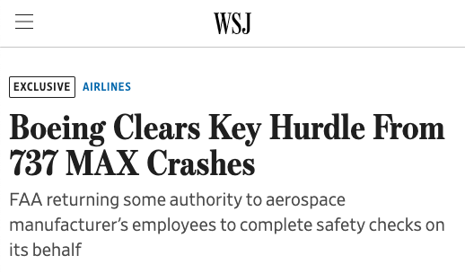 🚨 "Boeing is regaining authority from the Federal Aviation Administration to perform final safety checks on its 737 MAX." 

Rather than increase agency capacity to conduct independent inspections and improve safety, Trump's FAA will allow Boeing to self-certify its planes.