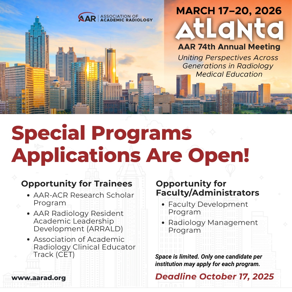 🚨 Apply now for AAR Special Programs at #AAR26 in Atlanta (Mar 17–20)!
Opportunities for trainees, faculty &amp; administrators: Research Scholar, ARRALD, CET, Faculty Development, &amp; Radiology Management.
Deadline: 10/17 🔗 bit.ly/4mcz0dO
#AARad #RadEd #AcademicRadiology