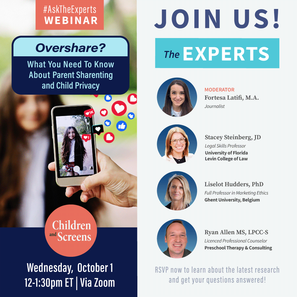 childrenscreens's tweet image. THIS WEEK! Sign up for the #AskTheExperts webinar on parent sharenting and child privacy on Oct. 1 at 12pm ET via Zoom to learn from an expert panel about the prevalence/risks of #sharenting and tips for protecting children’s #privacy and well-being online.

Register now 🔗…