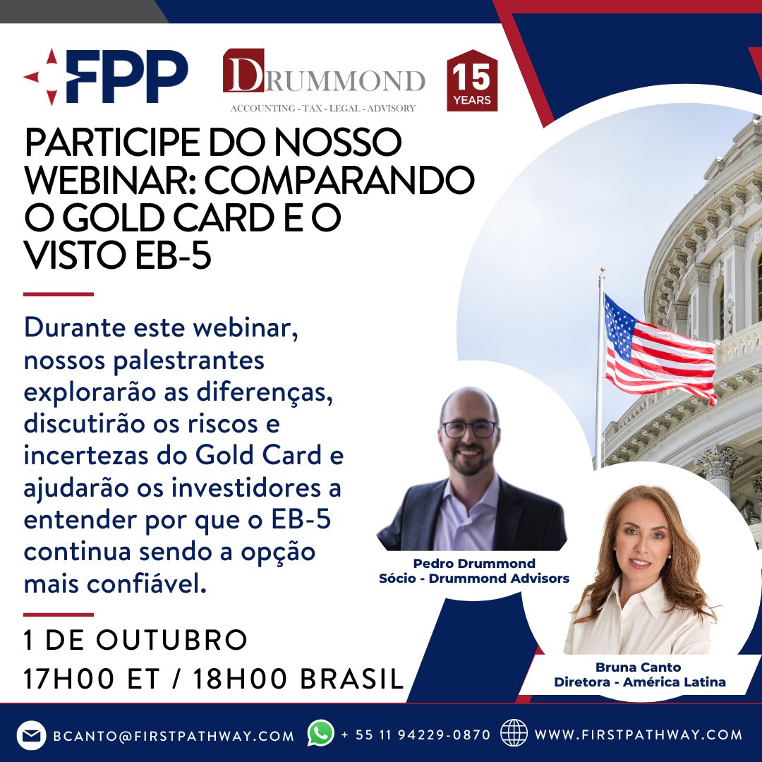 Temos o prazer de convidá-lo para um webinar especial em português no dia 1º de outubro às 17h00 ET / 18h00 Brasil. Esta sessão oferecerá uma discussão aprofundada sobre o cenário atual do EB-5 e o recentemente anunciado programa Gold Card: us02web.zoom.us/webinar/regist…