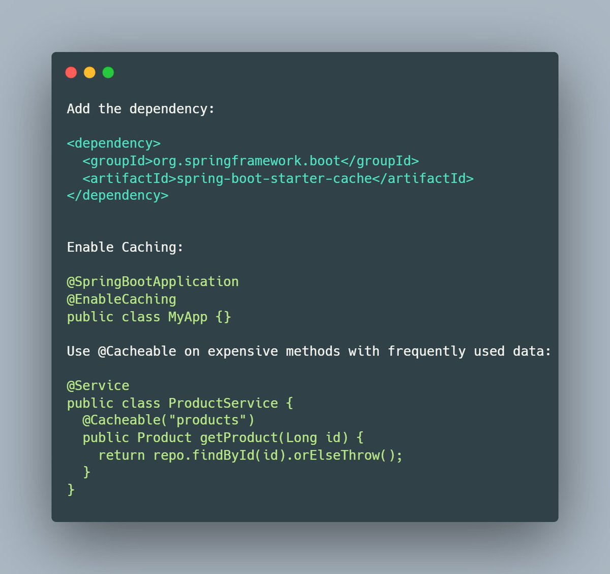mario_casari's tweet image. 🚀Spring Boot tip: Boost performance in Spring Boot with @EnableCaching and @Cacheable.

🟢 Avoids repeated DB/API calls
🟢 Reduces latency
🟢 By default, Spring uses an in-memory map, but you  can plug in an external provider for production.
#SpringBoot #Performance