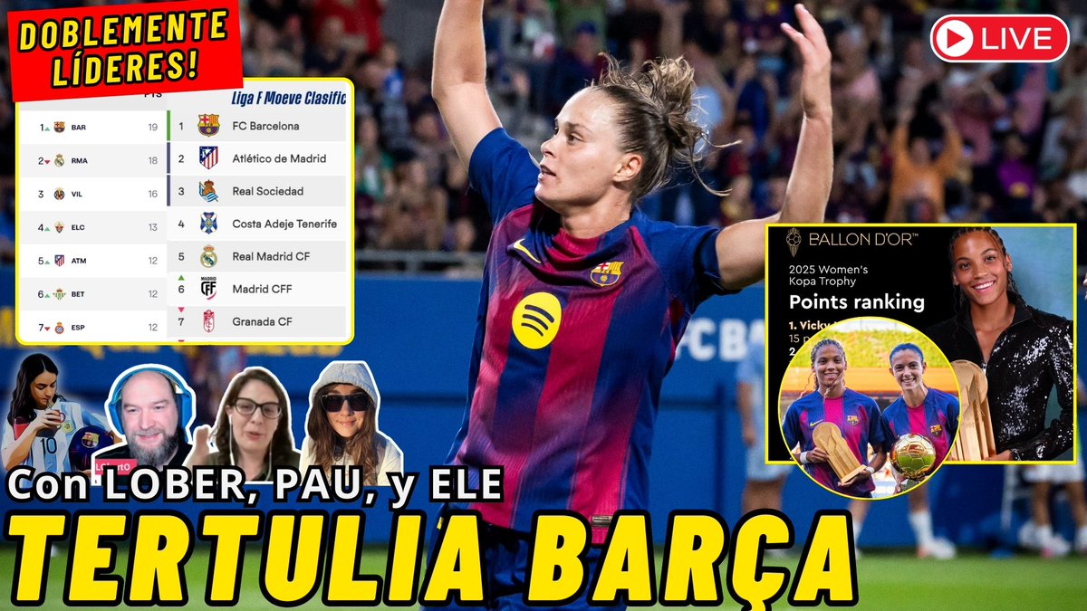 HOY tenemos TERTULIA con <a href="/paulipiu86/">María Paola</a> <a href="/ElenaSalvatella/">Viuda del becario</a> y <a href="/L0bert0/">Loberto</a> 
🔴 youtube.com/watch?v=ZC1JHd…
⌚ 20hs Es / 15hs Ar / 12hs Mx

🔹Post Barça 2 - 0 Espanyol
🔹 Debate KOPA Trophy 🔹 LÍDERES x 2
🔹 El RealMa FEM está EN EL HORNO
⚽ Post JORNADA FUTFEM y ➕

¡No te lo pierdas!