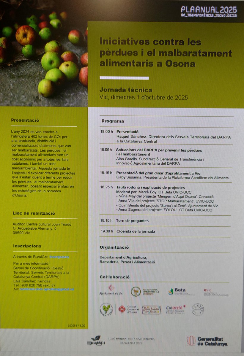 [Jornada tècnica]
👉Iniciatives contra les pèrdues i el malbaratament alimentaris a Osona
📆Dimecres 1 d'octubre al <a href="/CCVicJoanTriadu/">Centre Cívic Joan Triadú</a> 
⏰18 h - 19.30 h
🧐✍️ Inscripcions:  bit.ly/3ILyENy
