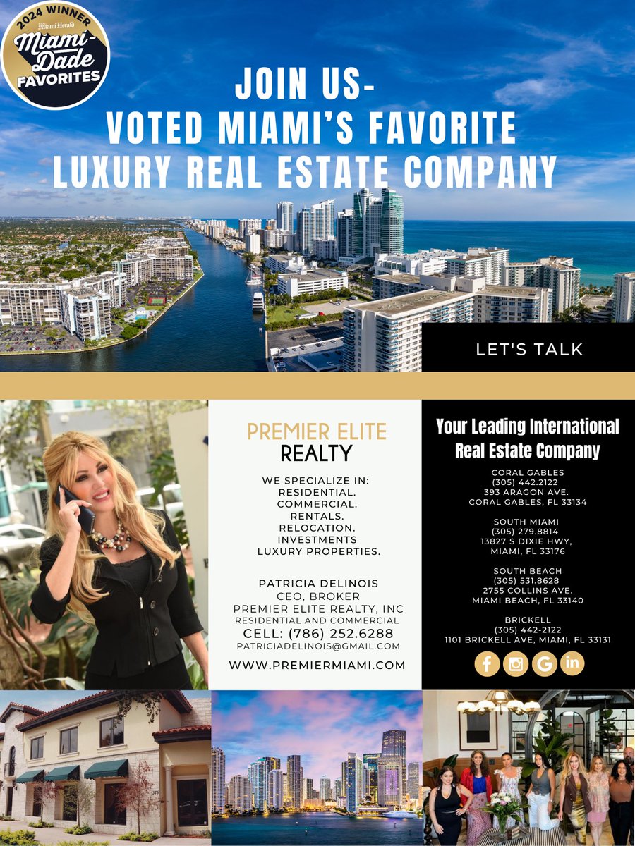 Premier Elite Realty – Redefining Luxury Real Estate
As a premier international boutique brokerage, Premier Elite Realty stands at the forefront of luxury living with prestigious offices in Brickell, Coral Gables, Miami Beach, and Pinecrest. Voted Miami’s favorite 🏠