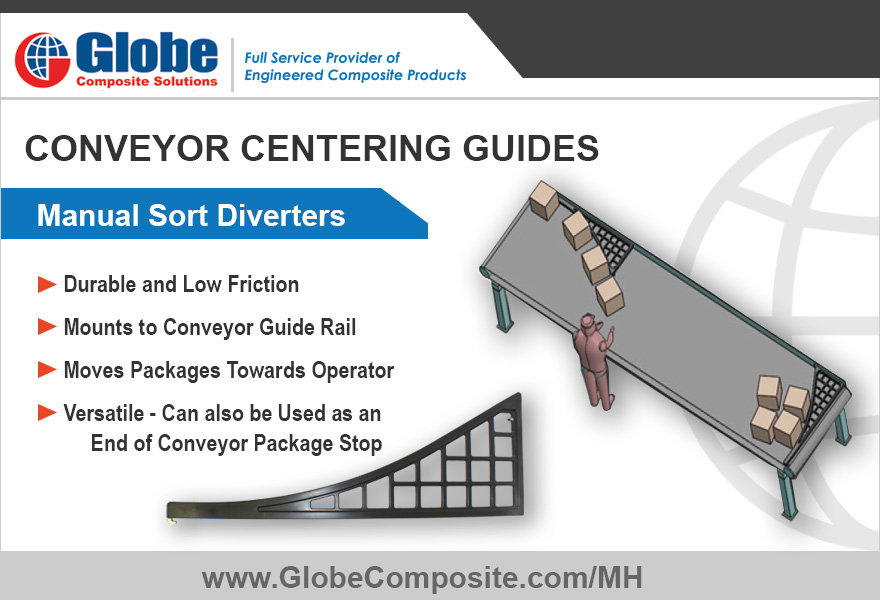 Globe’s Manual Sort and Pick Diverters are made from durable and low-friction composite materials and mount through a small opening in the back conveyor guide rail. 

 A dual hook design allows it to be used as an end of conveyor package stop.  | bit.ly/46hQSOg