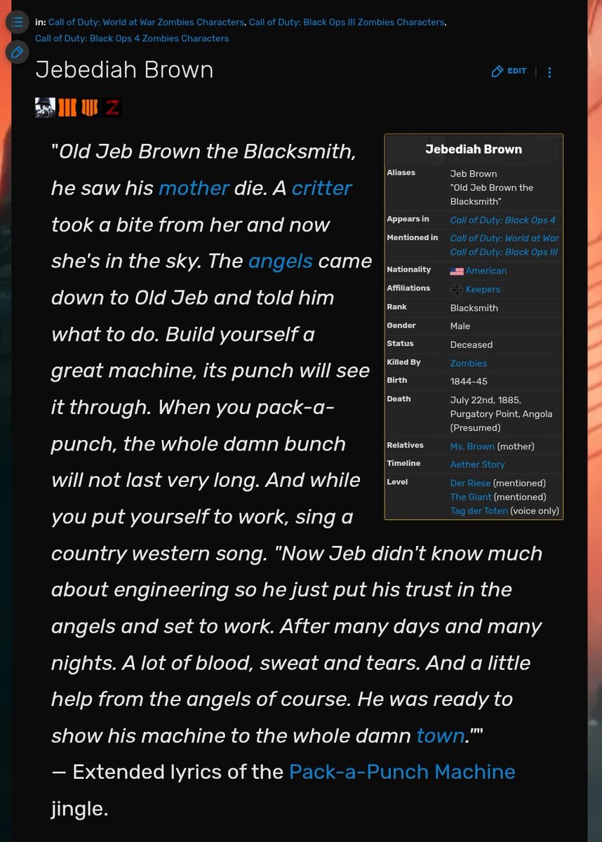 CommanderVain's tweet image. Ah yes, blame the wiki when its a google search result. The wiki page has been like this for a long time. There's two separate pages for the Great Voice and Jebediah

callofduty.fandom.com/wiki/Jebediah_…
callofduty.fandom.com/wiki/Great_Voi…