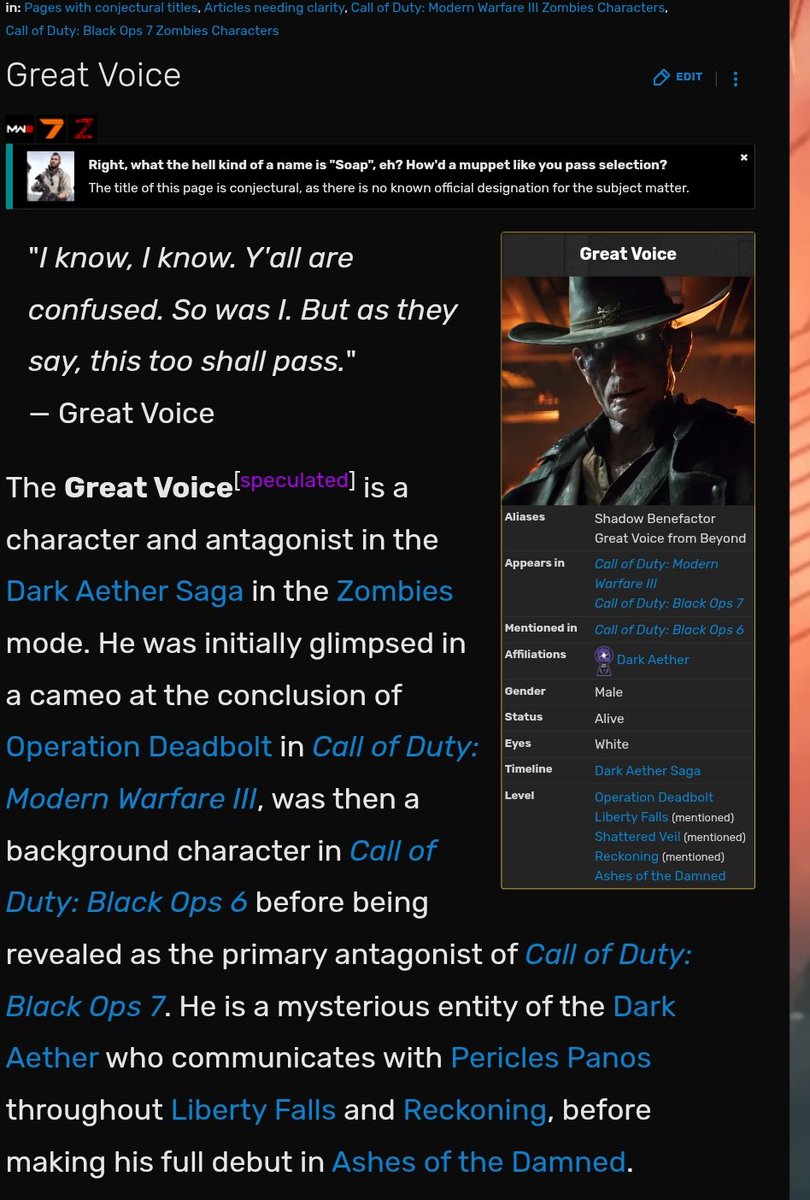 CommanderVain's tweet image. Ah yes, blame the wiki when its a google search result. The wiki page has been like this for a long time. There's two separate pages for the Great Voice and Jebediah

callofduty.fandom.com/wiki/Jebediah_…
callofduty.fandom.com/wiki/Great_Voi…