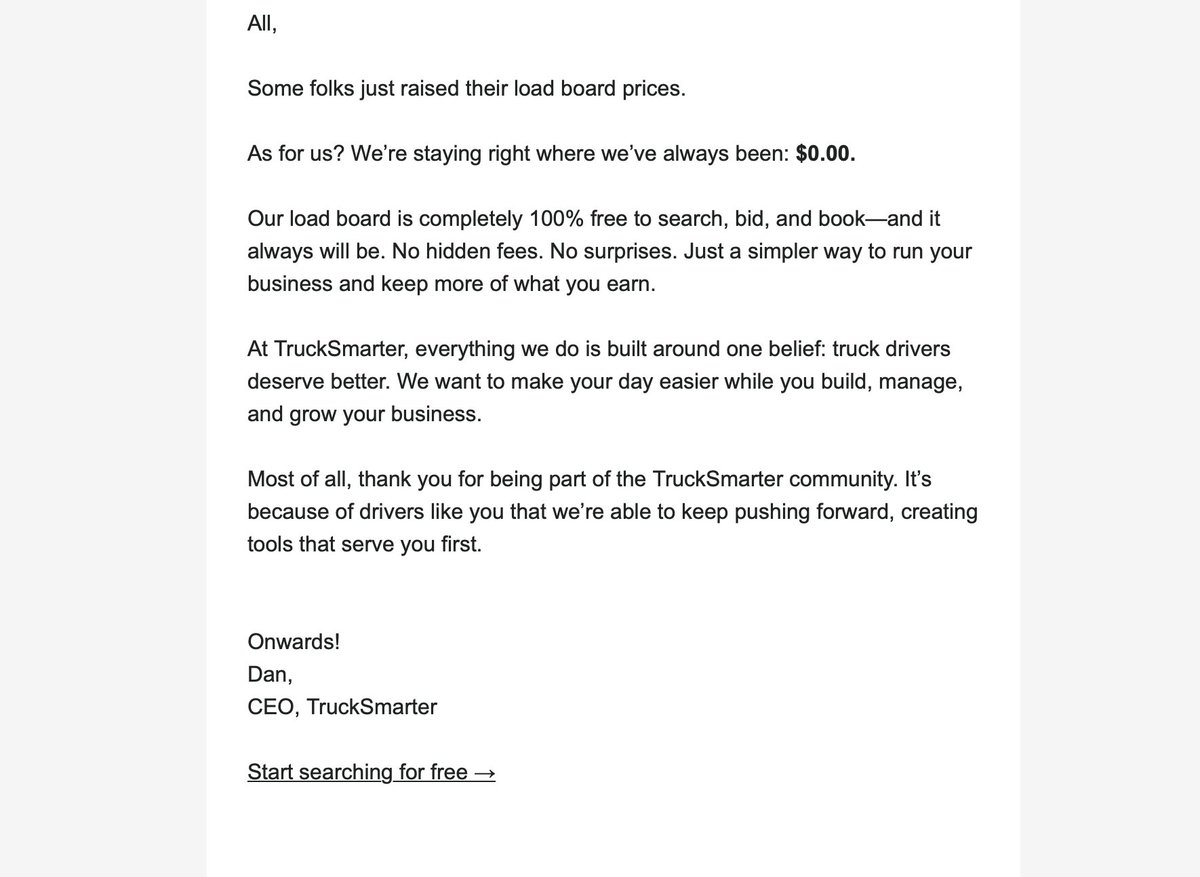 Here’s what we sent to our customers about our load board prices: