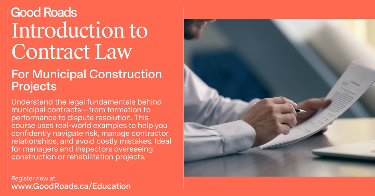New to municipal contracts? Introduction to Contract Law covers the essentials of risk, obligations, and legal language, helping municipal leaders avoid costly mistakes and manage agreements with confidence.
🔗 goodroads.ca/courses/introd…
#MunicipalGov #ContractLaw #GoodRoadsTraining