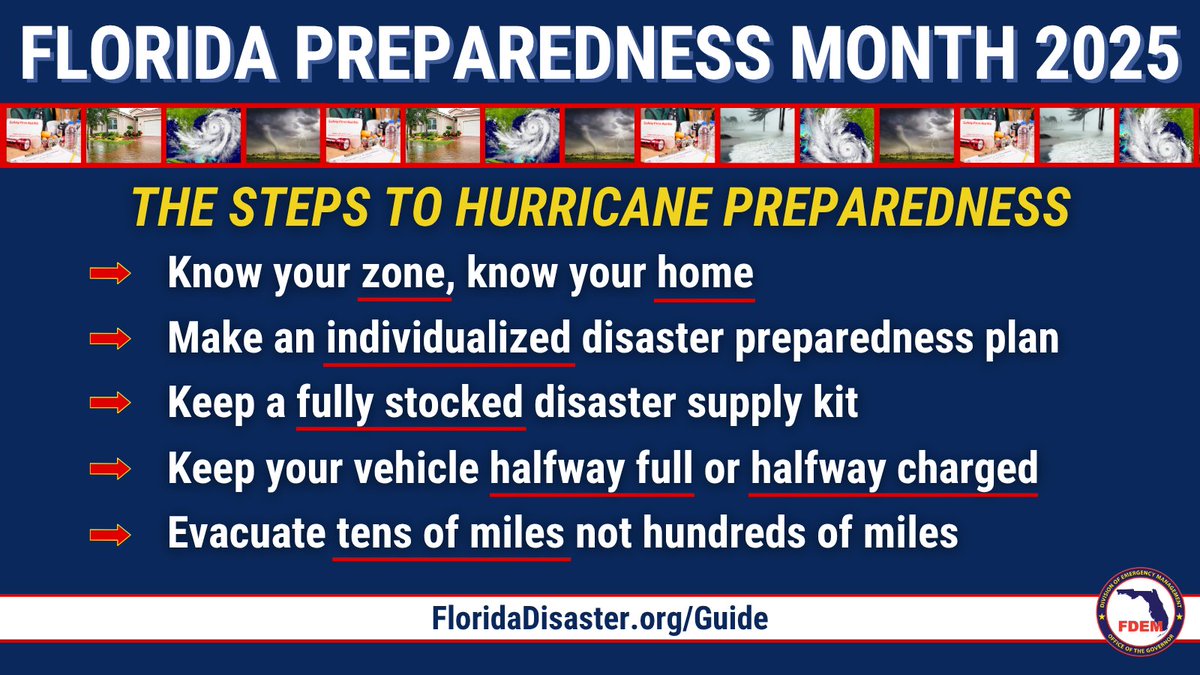 FLSERT's tweet photo. #FLPrepMonth aims to remind Floridians to stay ready this hurricane season!
Five simple steps can make all the difference:
📍 Know your zone, know your home
📝 #MakeAPlan
🎒 Build a kit
⛽ Stay halfway full/charged
🚗 Evacuate 10s of miles, not 100s
https://t.co/h8paBLvxMI https://t.co/mGdQcDopM4