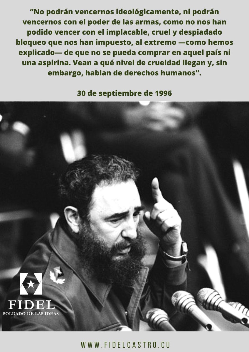 FSoldadodeIdeas's tweet image. 🎙️#FidelCastro: “No podrán vencernos ideológicamente, ni podrán vencernos con el poder de las armas, como no nos han podido vencer con el implacable, cruel y despiadado bloqueo que nos han impuesto.”

bit.ly/2xFlk6G
#100AñosConFidel #Cuba #Revolución #FidelCastro