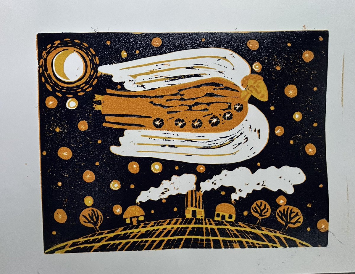 ZenCatPottery's tweet image. My first attempt at reduction linoprinting.  There’s things I would change if I did this image again, but overall I’m pleased with this first try.
#LinoPrint #LinoPrinting #ReductionLinoPrinting #ReductionLinoPrint #PacificArtLeague #AngelArt #FolkArt #AngellinoPrint…