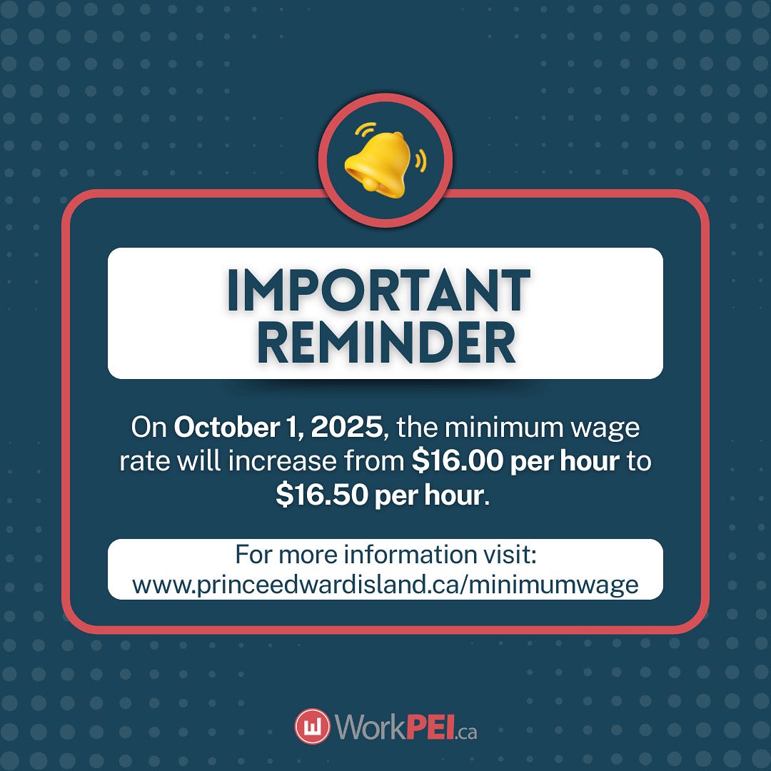 workpei's tweet image. 📣 Minimum wage is increasing on October 1, 2025! 

🧳 Employers: Visit your Member Dashboard today to make sure your active job listings reflect the updated wage rate.

✨ More information: princeedwardisland.ca/minimumwage