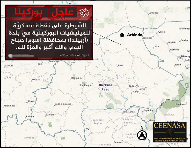 CEENASA396971's tweet photo. #BURKINA FASO 🇧🇫 

On Sept 29, the #JNIM claimed to have taken control of a military post in #Arbinda, in #Soum province, in the morning https://t.co/bJIiEfQexE