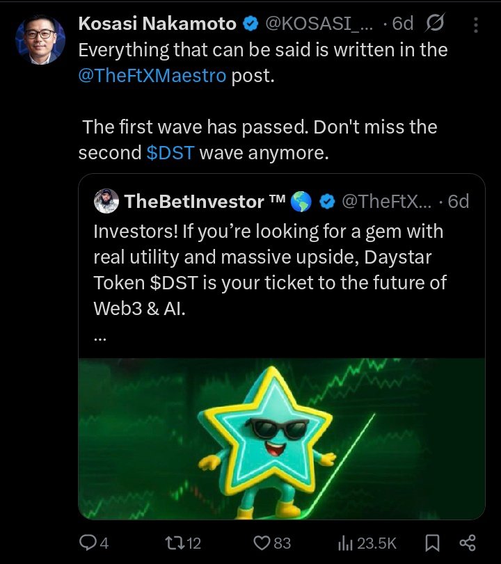 investorshub89's tweet photo. On behalf of DayStar Token team @DayStarToken, thank you @ProphetJoelO, @AgborMoses34, & @KOSASI_NAKAMOTO for your support & trusting us! ๐ Community, your belief fuels us! ๐ช Better days ahead! ๐ #DayStarToken
Ca: 0x39B4cBC1CE609D736E9aC3BaDd98E95c890731F3 (147 characters) https://t.co/kYpc8d0ff0