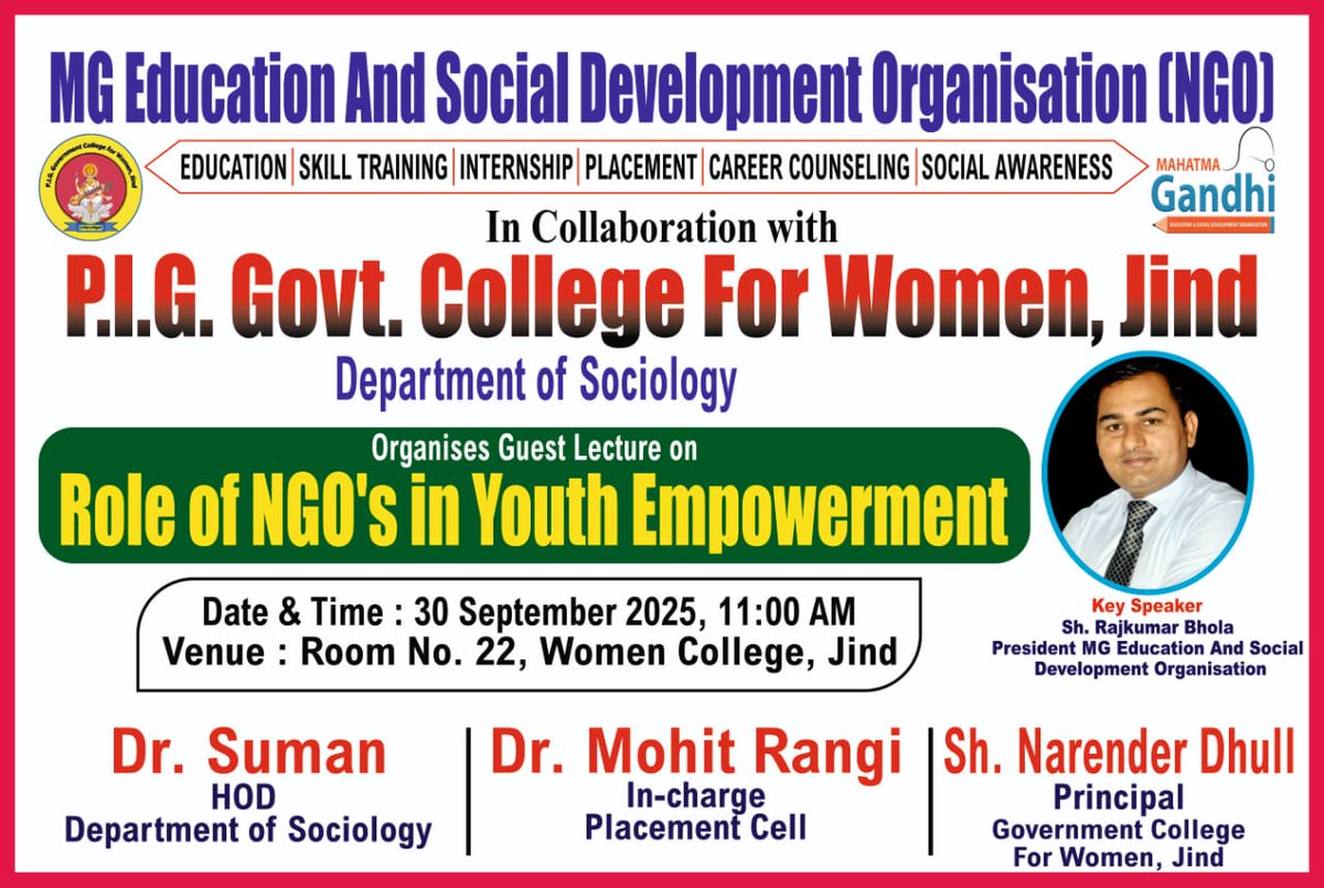🌍 Role of NGO’s in Youth Empowerment

📍 Govt. College for Women, Jind
🎤 Key Speaker: Rajkumar Bhola

NGOs are not just helpers—they are the bridge of change &amp; leadership for youth.
👉 Empowered Youth = Empowered Nation 🇮🇳

#YouthEmpowerment #NGO #Education #SocialChange