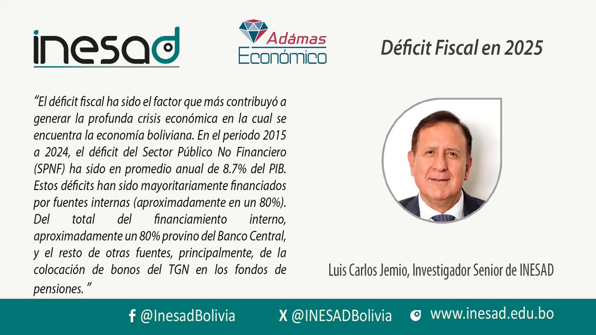 Nuevo Post en DESARROLLO SOBRE LA MESA (DSLM) :
"Déficit Fiscal en 2025"
Por: Luis Carlos Jemio, Investigador Senior de INESAD
Puedes leerlo en el siguiente enlace 
inesad.edu.bo/dslm/2025/09/d…
Si te gusta nuestro Blog DSLM, puedes suscribirte en el mismo enlace 
#DSLMBolivia
#INESAD