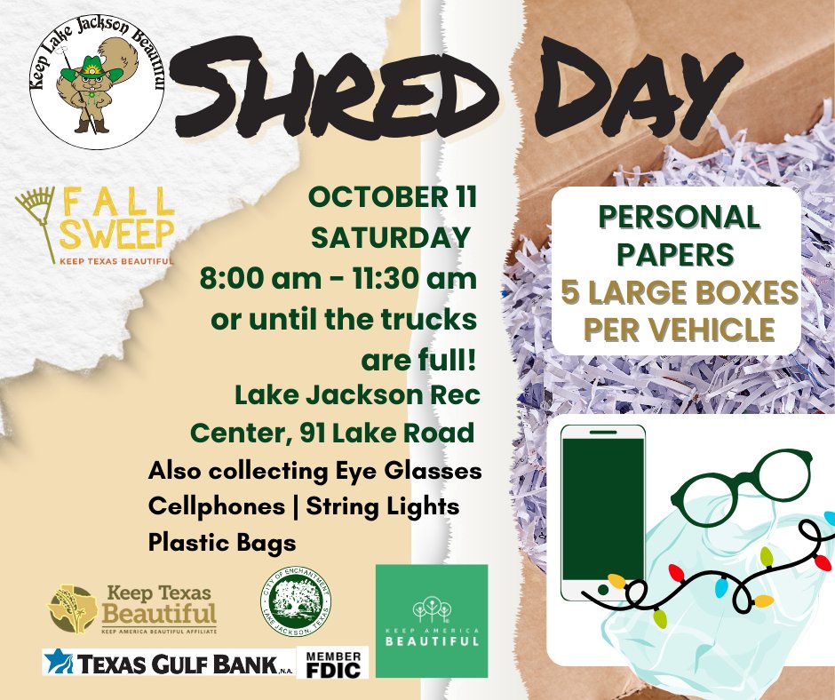 One of our most popular events will be here soon! Get in line early! We collect until the trucks are full! Shred Day will happen 8am to 11:30am Saturday, October 11, at the Rec Center. Also bring your old eyeglasses, cellphones, plastic bags and string lights.