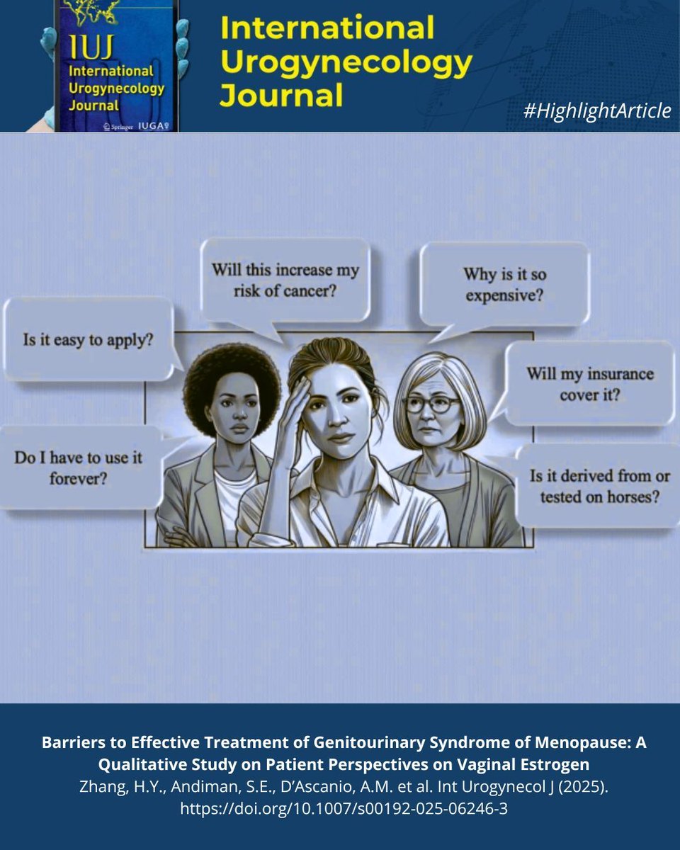 #HighlightArticle: We invite you to read patient perspectives on barriers to treatment of genitourinary syndrome of menopause with vaginal estrogens.

📌 link.springer.com/article/10.100… 

@clinmedjournals <a href="/iugaoffice/">International Urogynecological Association (IUGA)</a>

#iuj_bluejournal #urogynecology #vaginalestrogens #patientperspective