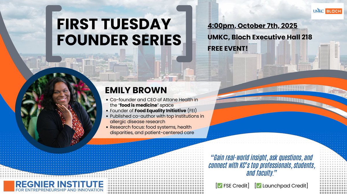 We’re excited to host Emily Brown, Co-founder &amp; CEO of Attane Health, for First Tuesdays on Oct 7 at 4 PM (BEH 218)! A national advocate in the food is medicine space, Emily champions health equity.

👉 Register here: roogroups.umkc.edu/RIEI/feeds?typ…