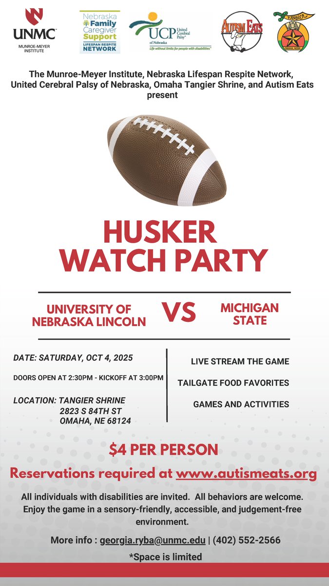 THIS SATURDAY! Register for our next Autism Eats event! Watch the Husker vs Michigan State game live and enjoy tailgate favorites in collaboration with the Omaha Tangier Shriners and United Cerebral Palsy of Nebraska. Doors open @ 2:30pm CT. $4 per person. autismeats.org/october-4-2025