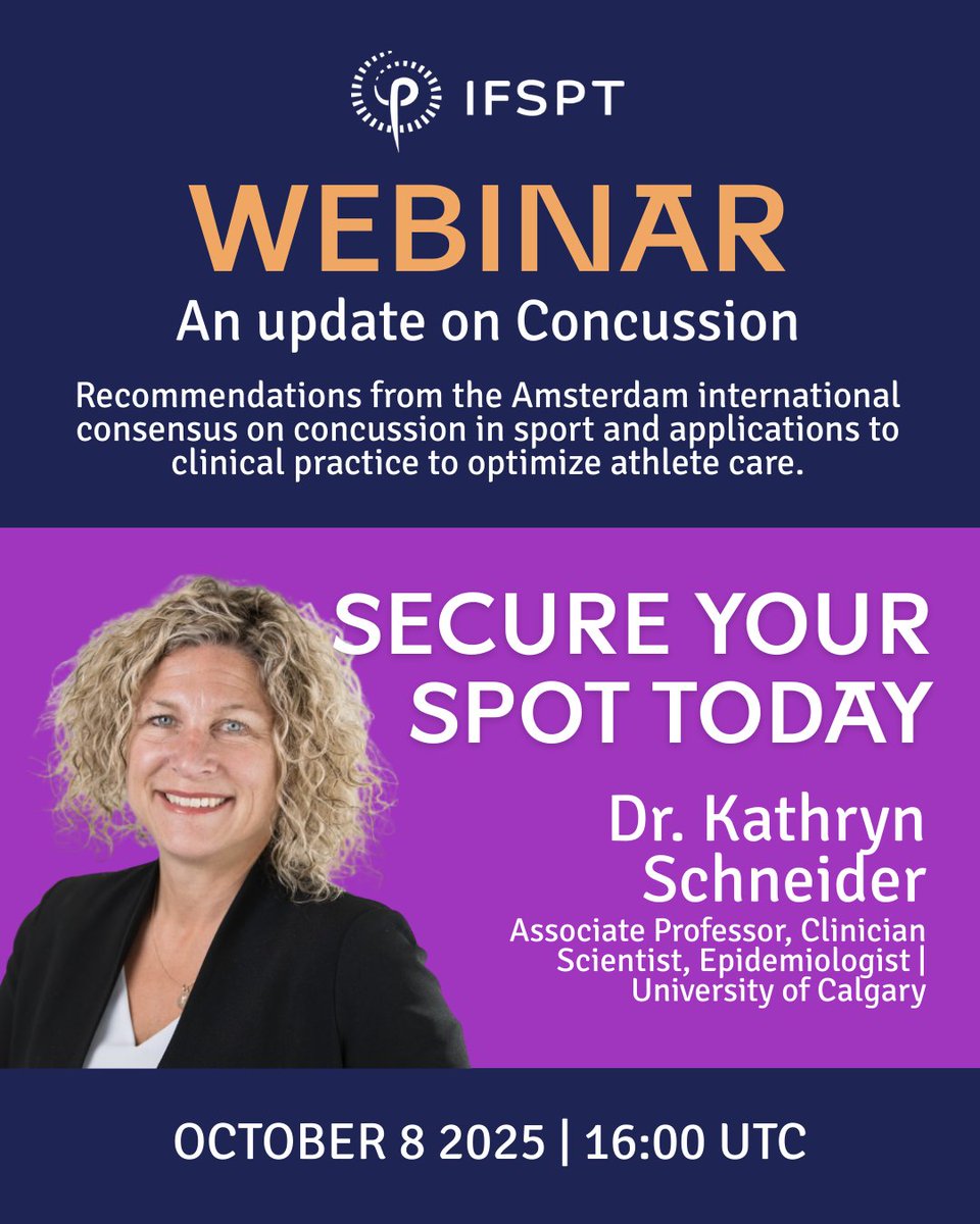 IntFSPT's tweet image. 🧠 2 weeks to go! Concussion updates (Amsterdam Consensus) webinar with Dr Kathryn Schneider.

📅 8 Oct, 13:00 UTC | 💶 €20 | 🎥 Live+replay
Limited spots available! 👉 eventbrite.co.uk/e/concussion-u…