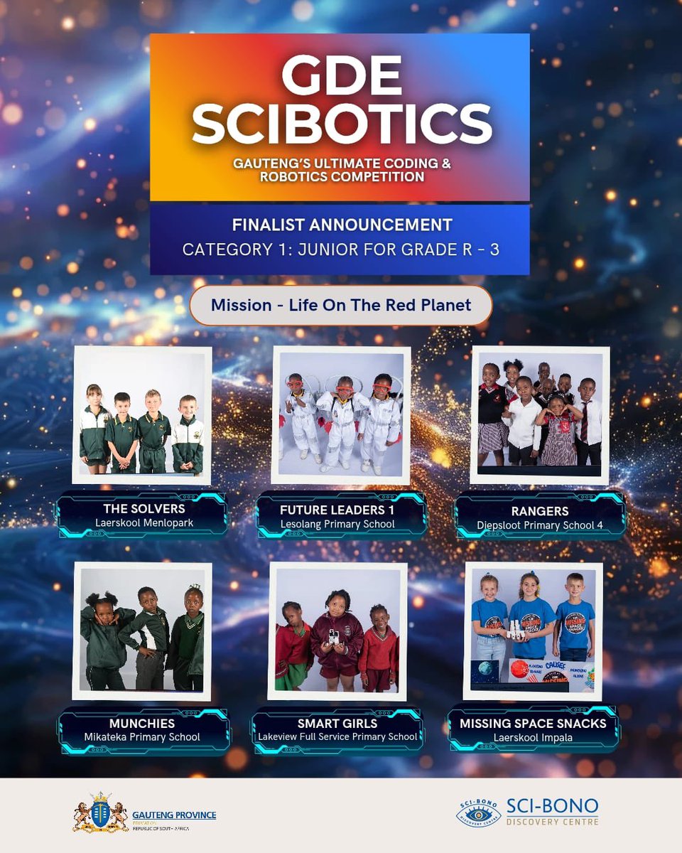 EducationGP1's tweet photo. Each finalist team has shown incredible skill and dedication to reach this stage. 🌟
We’re excited to witness their innovative creations come to life at the first-ever #GDESciBOTICS Competition! 🚀

#SciBono #GrowingGautengTogether #STREAMeducation #CodingRobotics https://t.co/6WL7VC25Xj