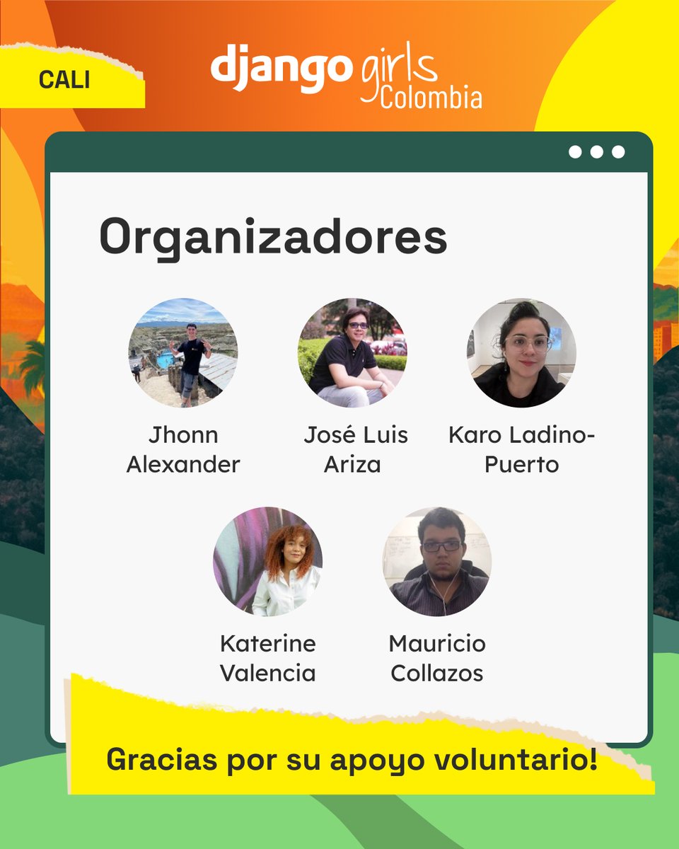 🎉 ¡Conoce a quienes están haciendo posible Django Girls en #Cali!
Un equipo de personas apasionadas por la tecnología, la comunidad y el aprendizaje 💻🧡

Con el apoyo de la Universidad Santiago de Cali
#DjangoGirls #ComunidadPython
