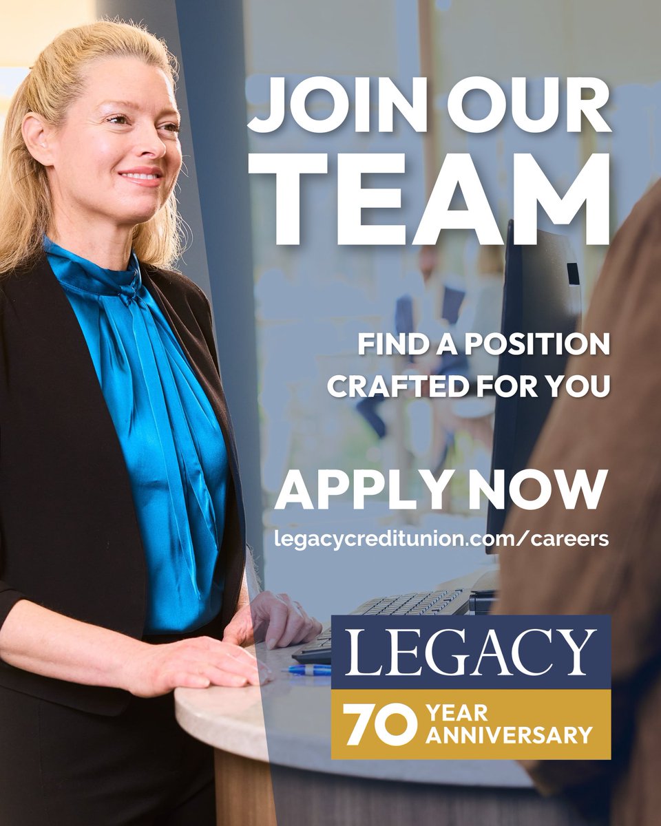 LegacyCU's tweet image. Think you&apos;d be a great fit on the Legacy team? We&apos;d love to meet you! Check out our current openings and apply today! legacycreditunion.com/careers
