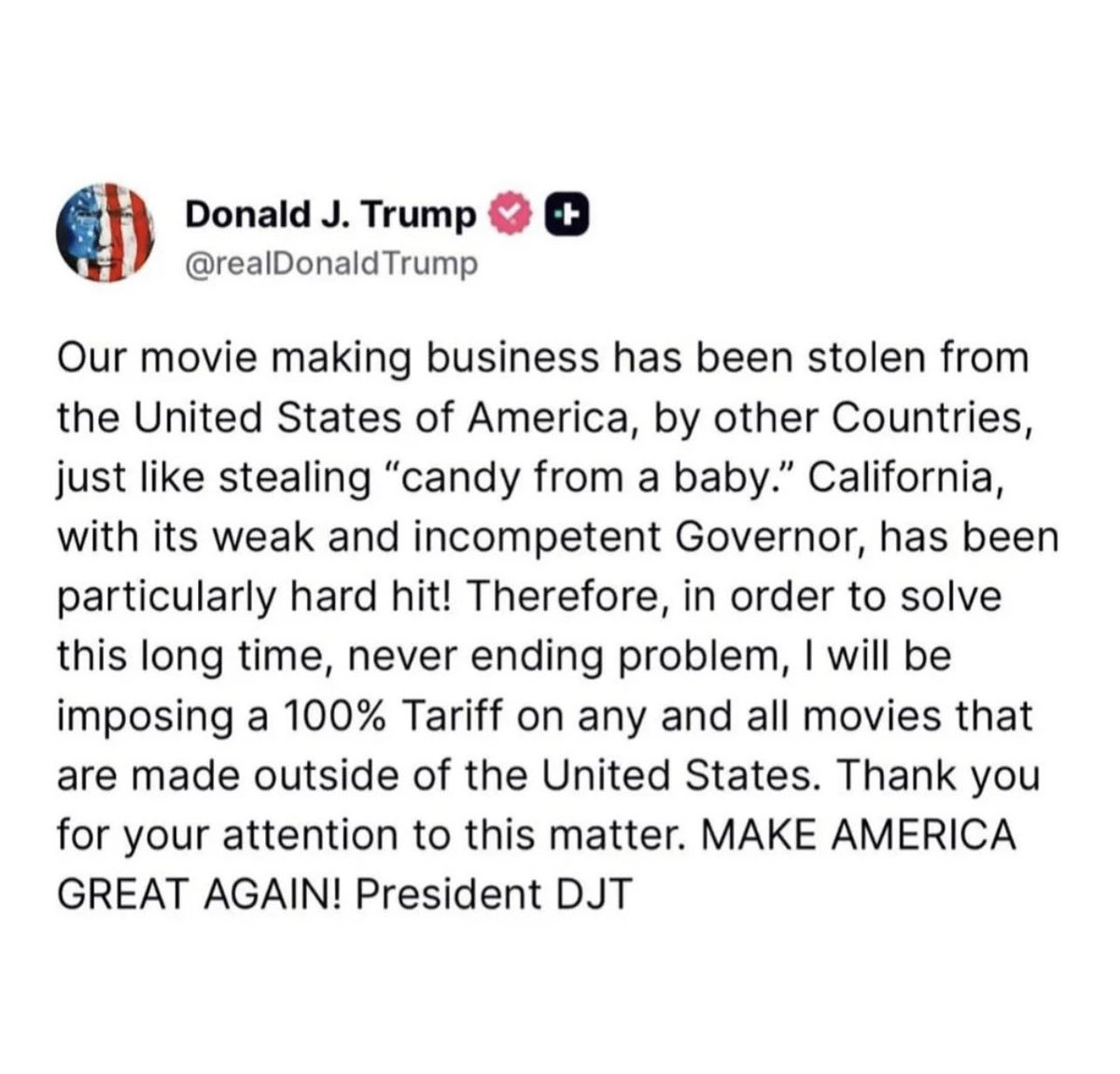 Hell, yeah! Save California’s movie industry. It’s currently a freaking ghost town.
Many of my friends have lost business, work and on the verge of bankruptcy to production out of state.

Bold moves by a bold president needed! #trump

#hollywood
#makecaliforniagreatagain