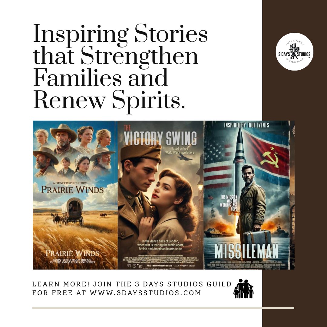 3_days_studios's tweet photo. We're on a mission to bring inspiring stories to the big screen. Whether it's a historical drama or a timeless tale, we're crafting films that strengthen families and renew spirits. Which story on our film slate are you most excited to see?

#FaithAndFamily #FilmsWithPurpose https://t.co/T1zACUb1Xb