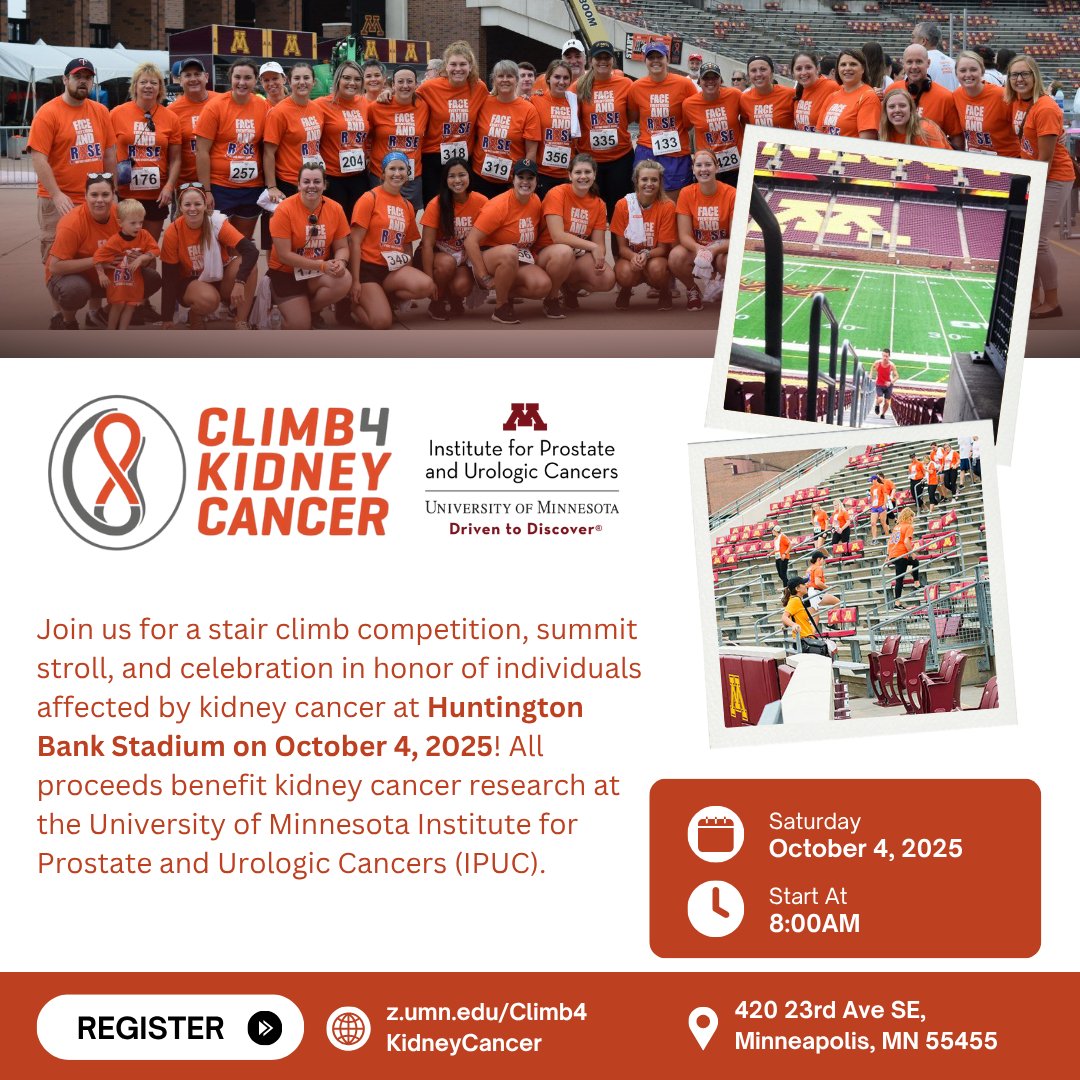 umnmedschool's tweet image. 👟 THIS SATURDAY! Join us for a stair climb and celebration in honor of individuals affected by kidney cancer at Huntington Bank Stadium!

🔗 Register now: z.umn.edu/Climb4KC.

@UMNUrology #MN #Mpls #KidneyCancer #Gophers