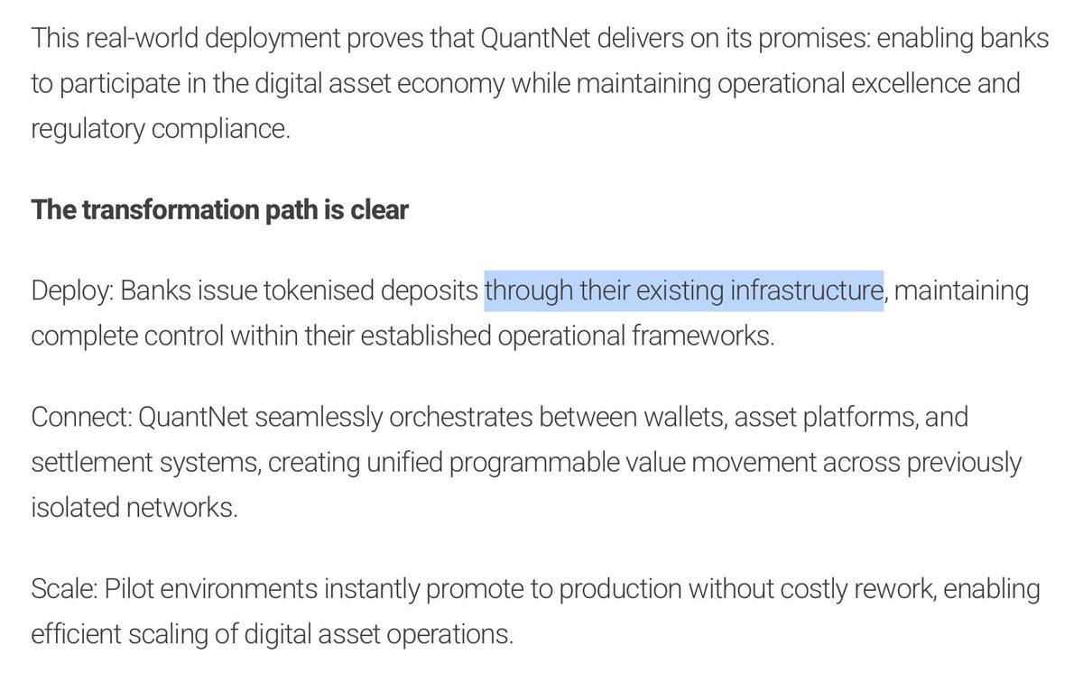 KnowledgeUpOnly's tweet image. So not only did Quant solve universal multi chain interoperability. They also made it possible for banks to adopt DLTs through existing infrastructure, moving pilots instantly to production.

They speak one language, the language of money. A bank shouldn&apos;t be bothered with the…