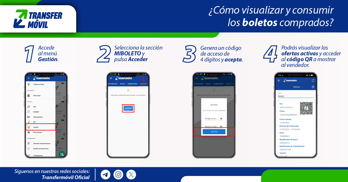 Para visualizar los #boletos adquiridos, debes seguir los sencillos pasos que te mostramos en la imagen. 📎

Podrás disfrutar la oferta comprada, mostrando el código QR de la misma o tu CI al vendedor, en dependencia de la política de validación predefinida por el proveedor. 📱🪪