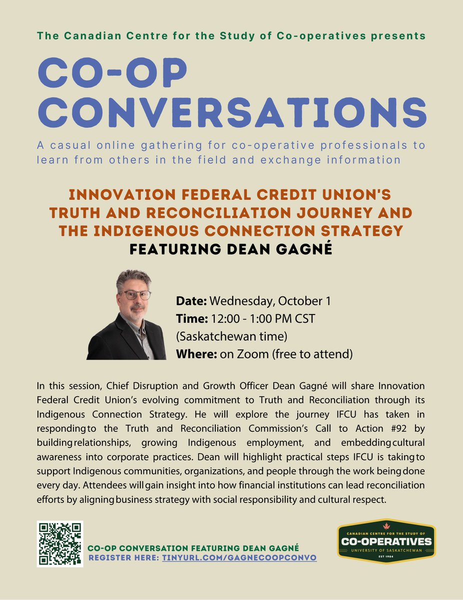 This week, we look forward to hosting Dean Gagne of <a href="/InnovationCU/">Innovation Federal Credit Union</a> and his Co-op Conversation, "Innovation Federal Credit Union's Truth and Reconciliation Journey and the Indigenous Connection Strategy". You can still register to this free online talk here: tinyurl.com/gagnecoopconvo