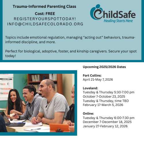 🌟 Free Trauma-Informed Parenting Class - Register Today! 🌟 Next session starts soon! 10/07!
Are you a parent or caregiver supporting a child who’s experienced trauma? Join our FREE Trauma-Informed Parenting Class (TIPS) 
📍 Cost: FREE
📧 Register: info@childsafecolorado.org
