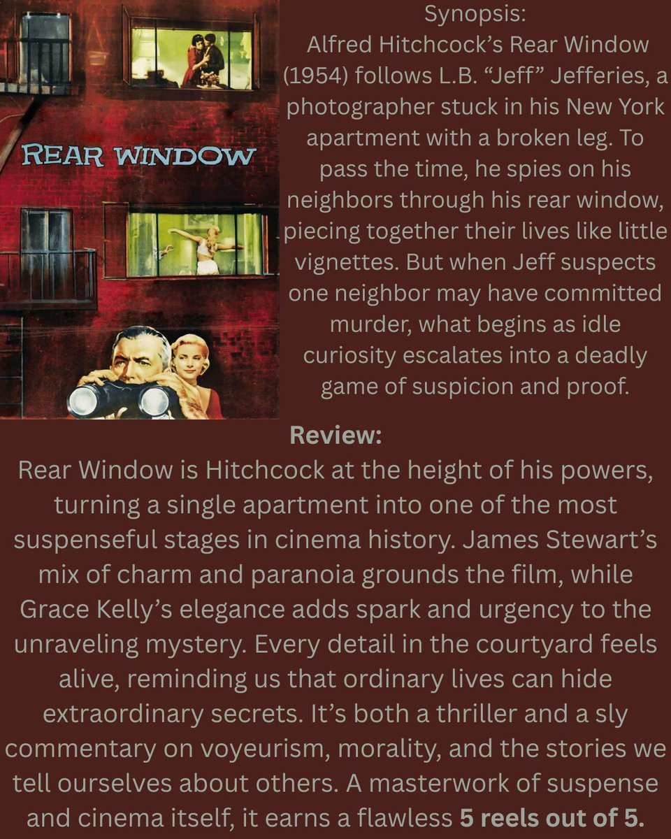 🔎 Mystery Mondays 🔎

This week’s spotlight: Rear Window (1954) 🎥 

One man. One apartment. One deadly suspicion.

Check out our full review below ⬇️