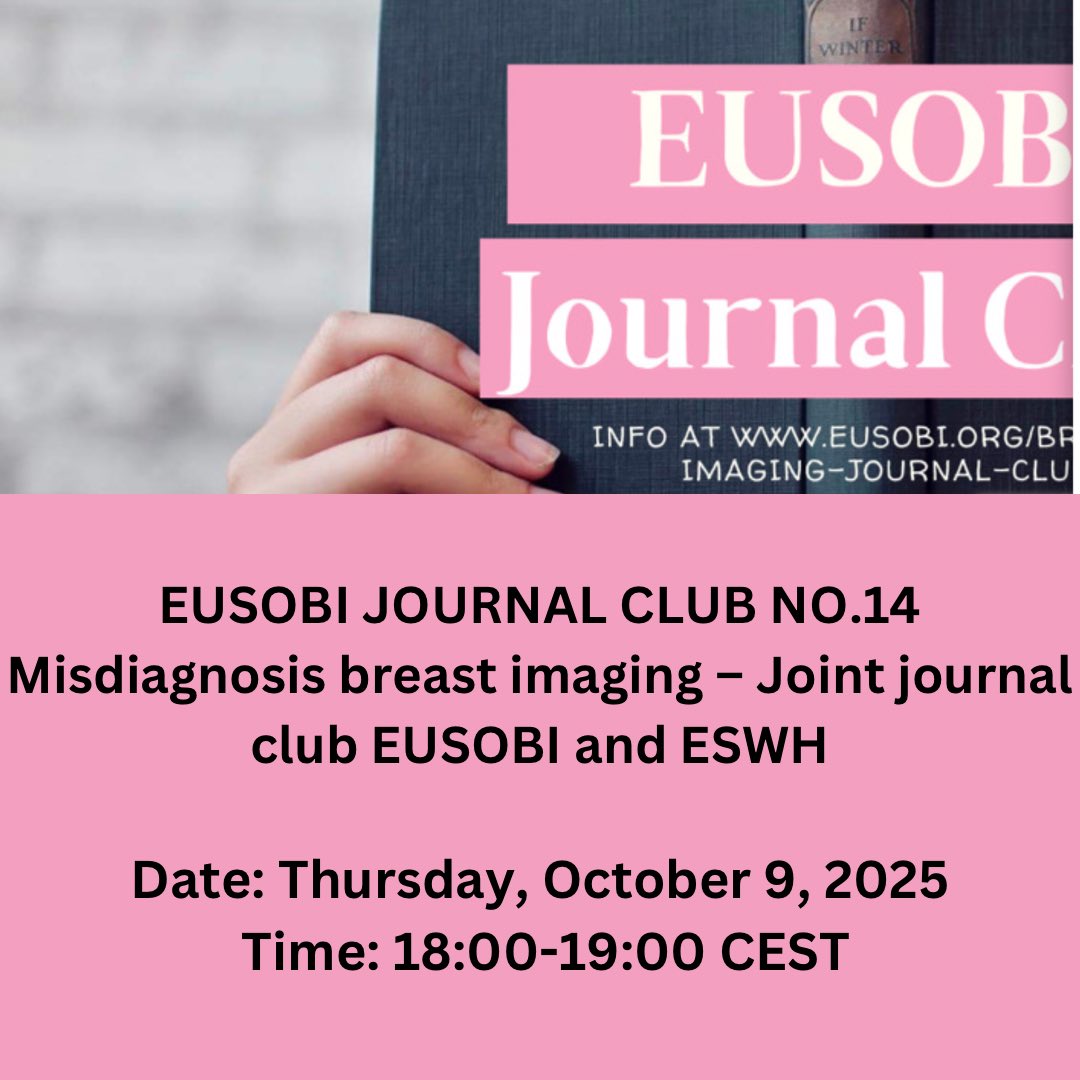 EUSOBIyc's tweet image. 📣 EUSOBI JC No.14 | Misdiagnosis in Breast Imaging – Joint with ESWH
🗓️ Thu Oct 9, 2025 | ⏰ 18–19 CEST
Speakers: Thomassin-Naggara, Baykara, Hussein, Abdel Salam
📌 Don’t miss it! Register 👉 us06web.zoom.us/webinar/regist…
#EUSOBI #EYC #ESWH