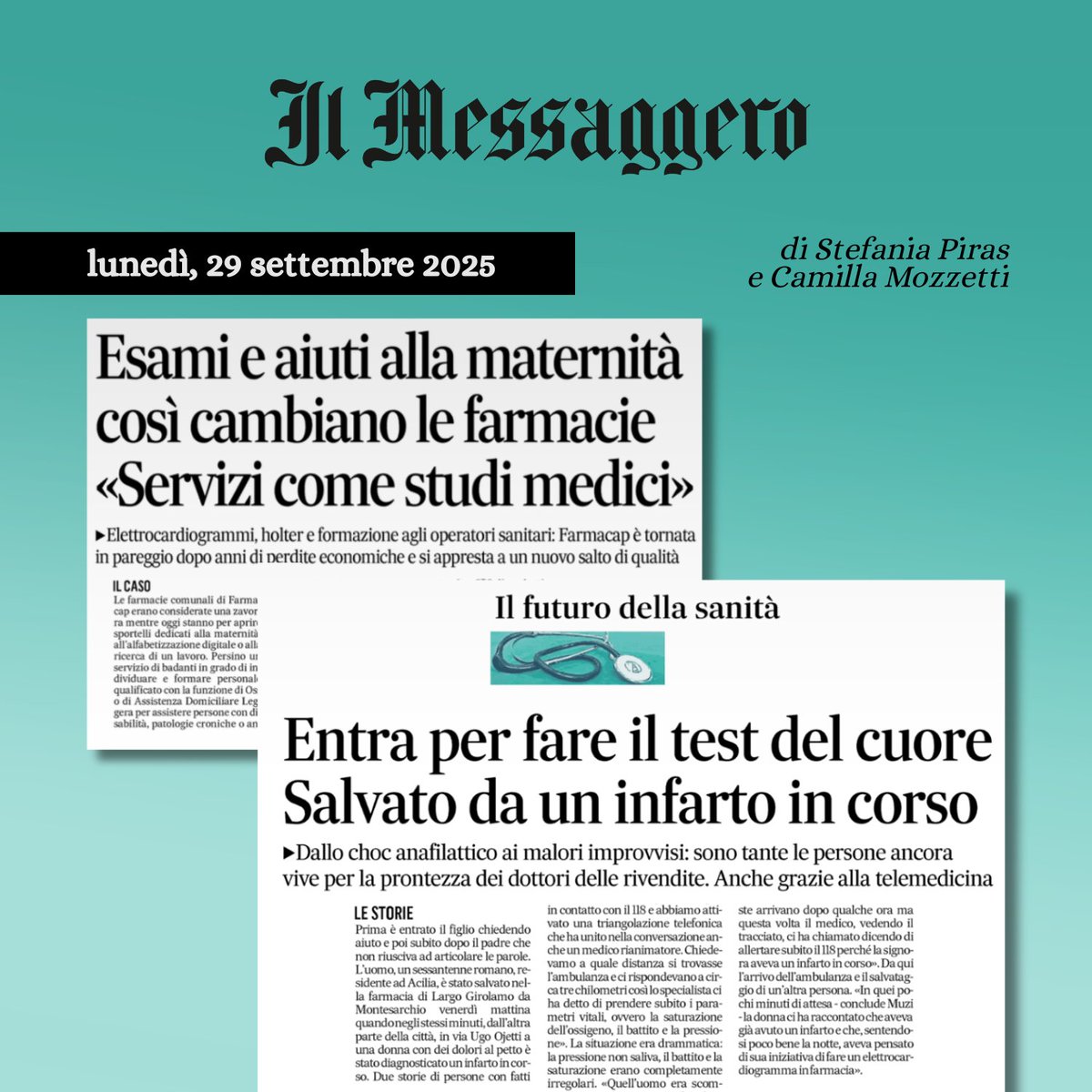 Su <a href="/ilmessaggeroit/">Il Messaggero</a>, due pagine a firma di Stefania Piras e Camilla Mozzetti raccontano il ruolo delle farmacie: presidio di salute con telemedicina che salva vite. Ora la sfida è l’accesso tramite SSN. 

#sanità #telemedicina