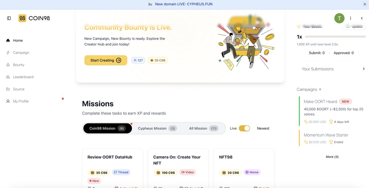 ductiencrypto's tweet photo. I’m a Coin98 Creator 🎉 — proud to join the fam! 🧵👇

1/ Mission = tasks → direct rewards
2/ Mindshare = ideas &amp; value → long-term rep
Tip: Start with Missions, grow Mindshare to shine 🌟

👉 Join us &amp; build together!
#Coin98 #Creator #DeFi https://t.co/VDAJLYwzXs