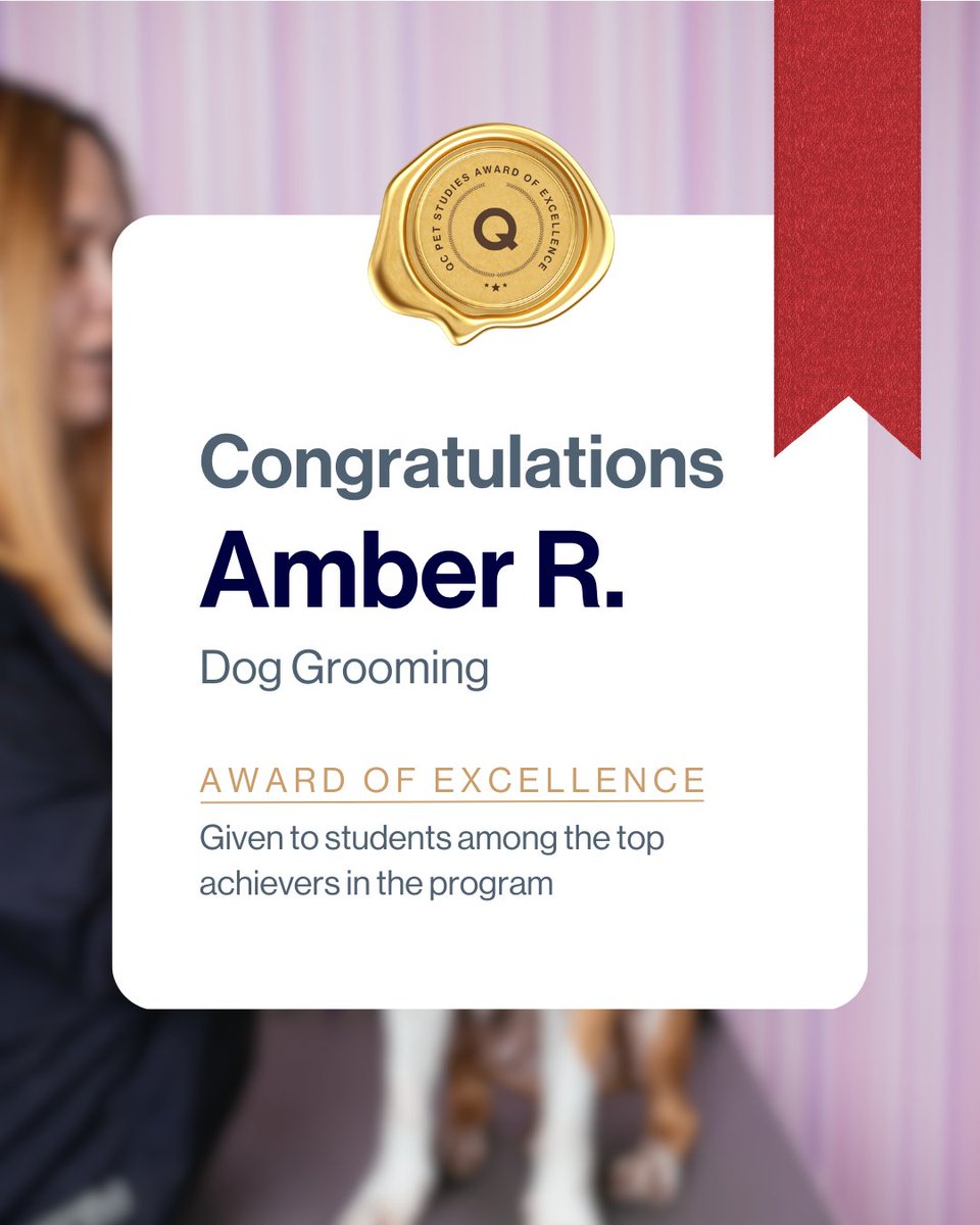 Congrats to this week’s Award of Excellence recipients! 🏆 This honor is reserved for QC students who earn an A- or higher in their course work! 👏

Get paid to work with dogs for a living! Learn more:
🐶 tinyurl.com/2kun9pf5

#QCPetStudies #DogGroomer #DogTraining