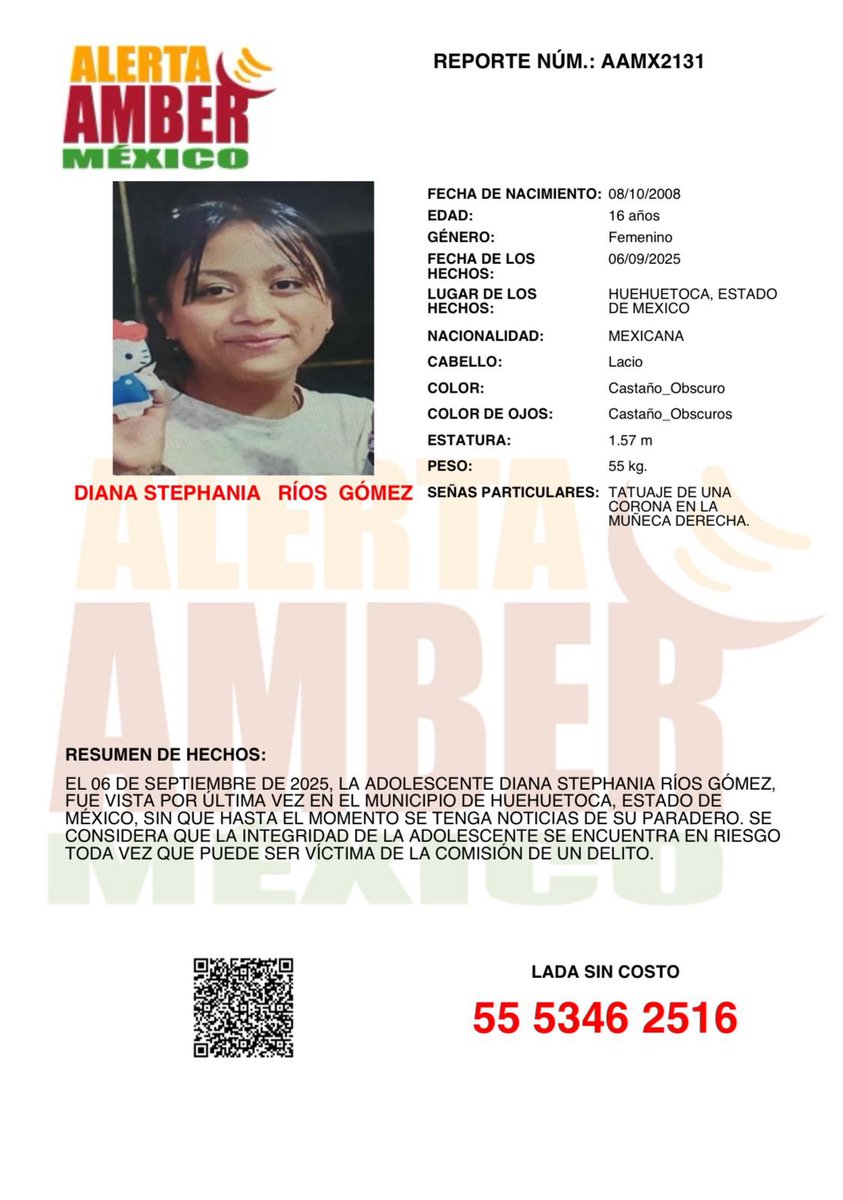 FiscaliaNL's tweet photo. 📣 Se ACTIVA  #AlertaAMBER en colaboración con el Estado de México 

🚨 Solicitamos de su colaboración para localizar a la adolescente DIANA STEPHANIA RÍOS GÓMEZ 

‼️Por favor comparte‼️
#AlertaAmberMX 

*Con fundamento en el artículo 22 de los Lineamientos Generales de Operación del Programa Nacional Alerta AMBER México, la activación tendrá una duración máxima de 72 horas, por lo que se solicita su colaboración para llevar a cabo la actividad de difusión masiva a efecto de que surta el impacto esperado.

Cualquier información al respecto favor de comunicarse al ☎️ 55 5346 2516