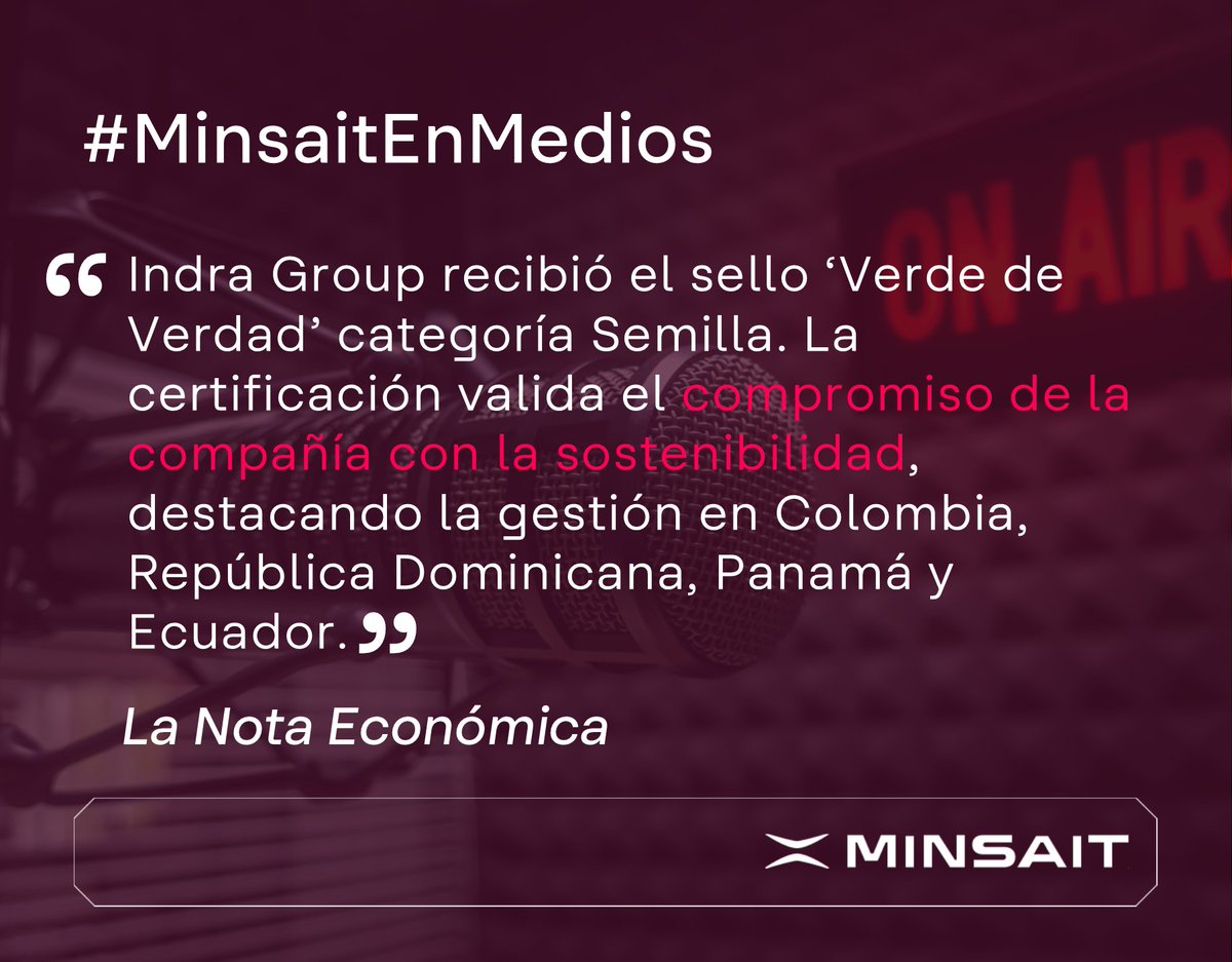 #MinsaitEnMedios

Recibimos el sello ‘Verde de Verdad’ categoría Semilla como resultado de la medición y gestión efectiva de nuestras emisiones de Gases de Efecto Invernadero (GEI) durante 2024.

Indra Group ratifica su respaldo en la transformación sostenible de la región.